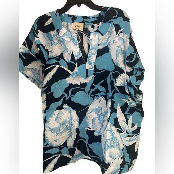 Eli Tahari blue Tropical Printed Split Neck Collared Linen Blouse - Picture 6 of 8